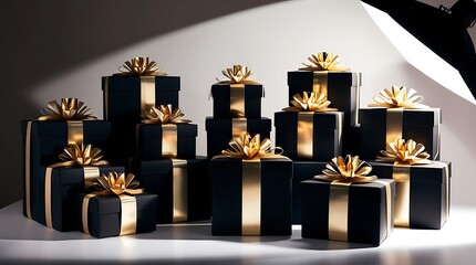 A professional photo of luxurious Festive New Year gift boxes wrapped in sleek black paper with gold accents, arranged in a meticulously styled studio setup, illuminated by dramatic side lighting.