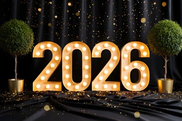 Illuminated marquee numbers 2026 with festive confetti and topiary trees
