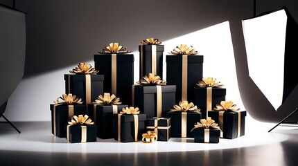 professional photo of luxurious Festive New Year gift boxes wrapped in sleek black paper with gold accents, arranged in a meticulously styled studio setup, illuminated by dramatic side lighting.