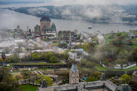 Aerial view of Ch&acirc;teau Frontenac and Old Quebec City in the fog