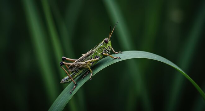 Detailed macro photograph of a common green grasshopper resting quietly on a curved blade of wild grass within a vibrant natural ecosystem, camouflage, arthropod, grass