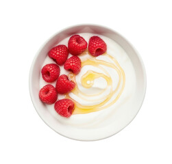 Top view of a white ceramic bowl filled with creamy Greek yogurt, topped with fresh red raspberries and a swirl of golden honey, isolated on white.