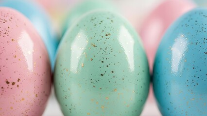 Close-up of pastel pink, mint green, and light blue Easter eggs with festive golden speckles, creating a soft and joyful holiday background.