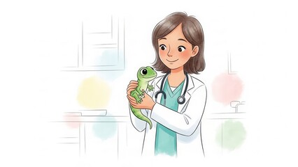 Cute watercolor-style illustration of a female veterinarian with a stethoscope gently holding a smiling green gecko in a bright clinic setting.