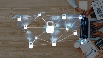 This image depicts a digital security network over a world map, showcasing collaboration among professionals in a modern workspace, highlighting technology and data protection. Raster