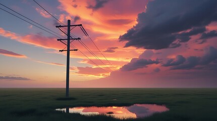 Electric pole stands tall in a vast grassy plain under a dramatic sunset sky with vibrant clouds of orange, pink, and purple hues, set against a silhouette composition.
