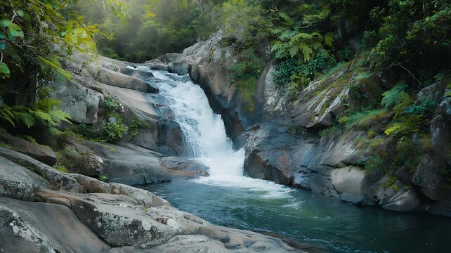 Dynamic Forest Waterfall Bathed in Sunlight, Cascading into a Clear Blue Pool - Powered by Adobe