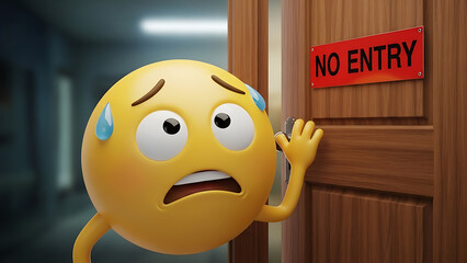 Sad yellow emoji character trying to open a door with a no entry sign, anxious expression, 3d illustration, wooden door, blurred background