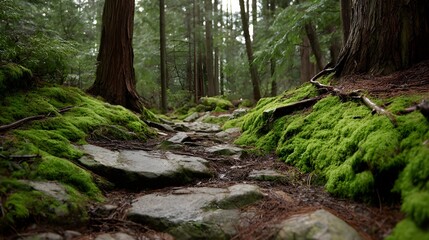 A serene forest trail winds through moss covered rocks and ancient trees creating a lush natural path