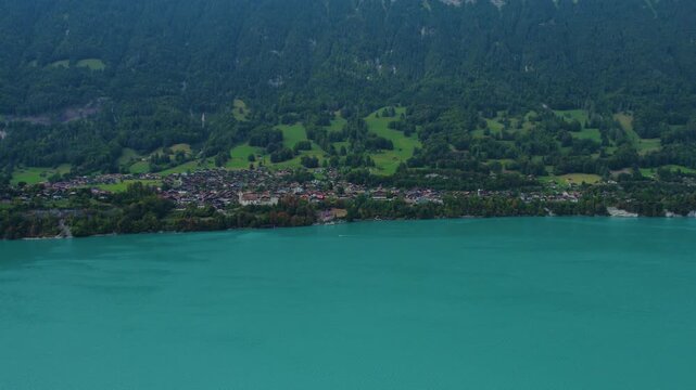 Aerial view around the lake Brienz and the city B&ouml;nigen, Ringgenberg in Switzerland on a sunny day in summer.