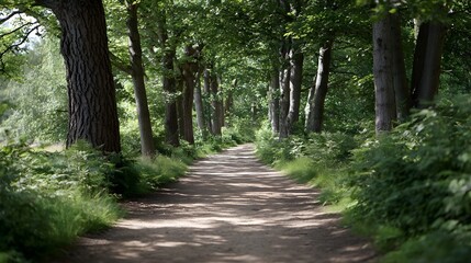 Fototapeta premium A shaded forest path lined with lush green trees and foliage