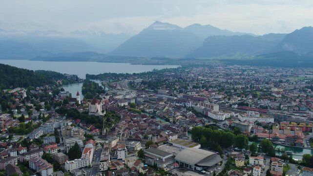 A panoramic Aerial view of the city Thun in switzerland  on a cloudy afternoon in summer