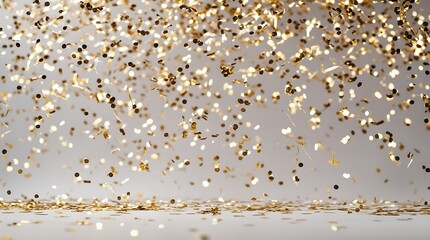 A celebration concept with delicate floating gold confetti particles suspended mid-air, isolated in a professional studio setting using high-speed flash lighting to freeze the motion.