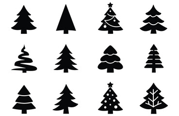 Obraz premium Twelve black Christmas tree silhouettes with varied designs and ornaments white
