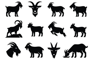 Fototapeta premium Twelve black goat silhouettes in various poses and headshots animal white vector