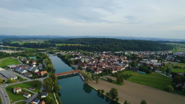 Aerial view around the old town of the city Wangen an der Aare in Switzerland on a late afternoon in summer.