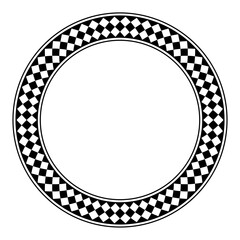 Circle frame with diamond pattern, a decorative checkered border, made of seamless arranged black and white alternating tiles, balanced with two circles inside and out. Isolated illustration. Vector