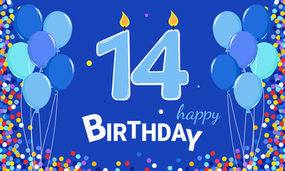 14 years old. Happy Birthday. Blue background and balloons.