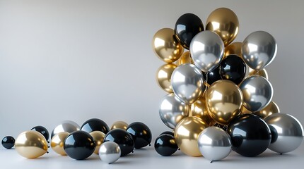 professional photo of a Minimal New Year balloon composition in metallic gold, silver, and glossy black colors, with balloons of varying sizes and shapes floating against a seamless white studio.