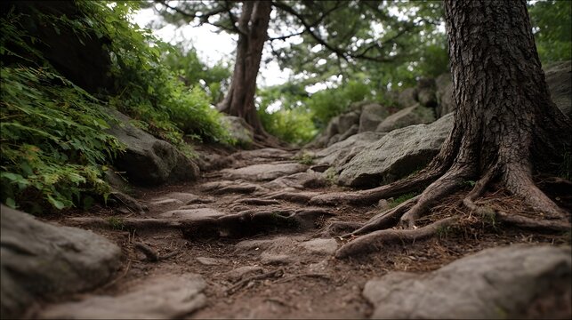 A rugged root strewn forest path ascends through rocks and dense greenery inviting an outdoor adventure