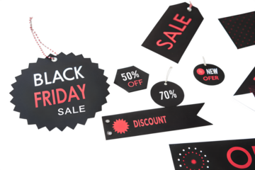 A collection of black sale tags and discount labels with various promotional messages, including 'Black Friday Sale', 'Sale', '50% Off', '70%', 'Discount', and 'New Offer', displayed against a white