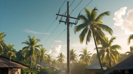 Photo of a single tall electric pole standing alone in a serene tropical village setting surrounded by swaying palm trees with lush green leaves, a warm and humid atmosphere.