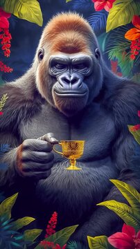 A powerful gorilla takes a sip of coffee from a cup and closes his eyes in pleasure. The gorilla's mood becomes joyful.