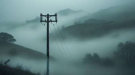 professional photo of a single tall electric pole standing alone in a serene tropical village setting surrounded by swaying palm trees with lush green leaves, a warm and humid atmosphere.