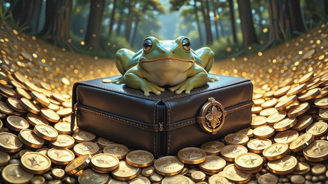 A toad sits on gold coins. Concept for attracting wealth.