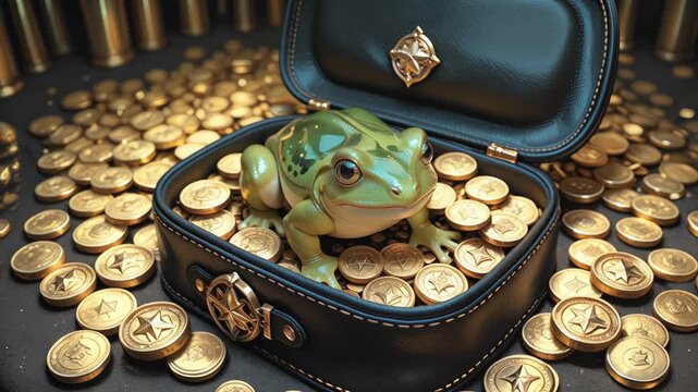 A toad sits on gold coins. Concept for attracting wealth.