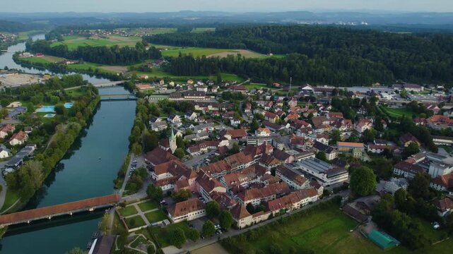 Aerial view around the old town of the city Wangen an der Aare in Switzerland on a late afternoon in summer.
