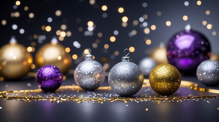 A photo of New Year celebration still life with gold and silver sparklers and intricate glitter accents, shot in a dark studio environment with controlled backlighting, sharp highlights.