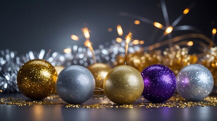 A professional photo of New Year celebration still life with gold and silver sparklers and intricate glitter accents, shot in a dark studio environment with controlled backlighting, sharp highlights.