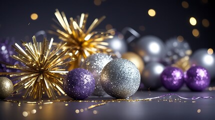 professional photo of New Year celebration still life with gold and silver sparklers and intricate glitter accents, shot in a dark studio environment with controlled backlighting, sharp highlights.