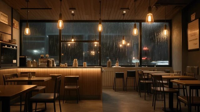 Interior shot of a modern, empty cafe with warm ambient lighting during a heavy rain outside. Features stylish wooden decor, comfortable seating, and an inviting, relaxed atmosphere.