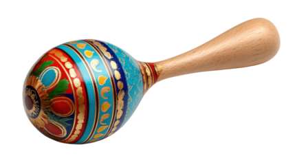 Colorful maraca with ornate patterns and wooden handle, a traditional musical percussion instrument for playing rhythmic music