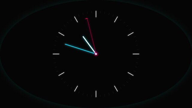 Dark Mode Analog Clock Animation Loop with Neon Blue and Pink Hands for Modern Time and Tech Visuals