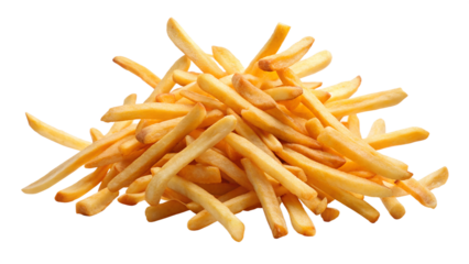 A pile of golden brown French fries on a clean white background, perfect for food blogs, restaurant menus, or snack advertisements.