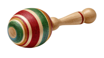 Maraca with colorful striped design and wooden handle, a percussive instrument for music and rhythm education