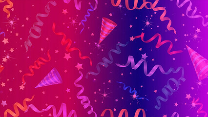 Vibrant abstract background with swirling streamers, confetti, and party hats, perfect for festive events and joyous celebrations