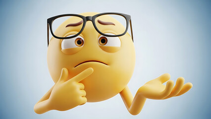 Yellow emoji character with black glasses looking confused and thoughtful on blue background, expressing puzzled emotion with hand on chin and raised eyebrow