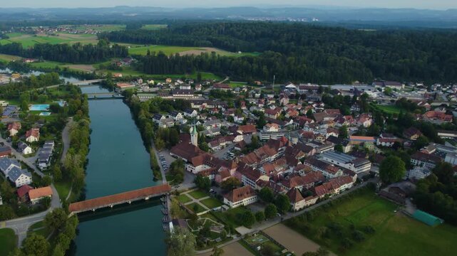 Aerial view around the old town of the city Wangen an der Aare in Switzerland on a late afternoon in summer.