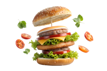 A mouth-watering double layer burger with fresh lettuce, juicy tomatoes, and melted cheese, all held together with a toasted bun and surrounded by flying ingredients.