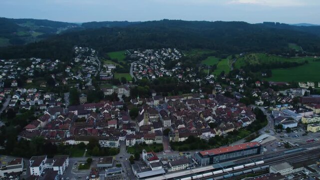 A panoramic Aerial view of the old town of the city Zofingen in Switzerland on a cloudy afternoon in summer