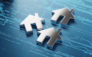 Three Metallic House Icons on a Blue Digital Technology Circuit Board Background, Concept for Smart Home and Real Estate Tech
