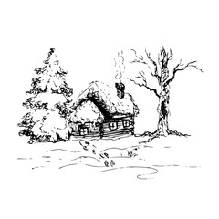 Landscape with a Christmas tree and a house.