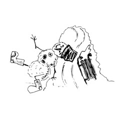 A snowman fell into a snowdrift next to a sled.