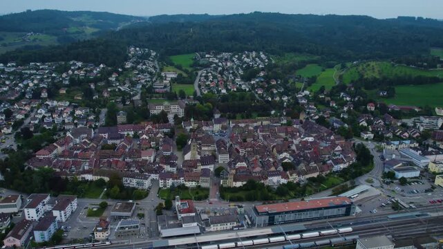 A panoramic Aerial view of the old town of the city Zofingen in Switzerland on a cloudy afternoon in summer