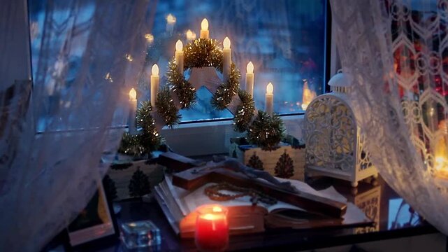 An Advent candlestick in the window of a house, standing on the windowsill next to a Bible, a cross with a rosary, and a lit candle next to it.