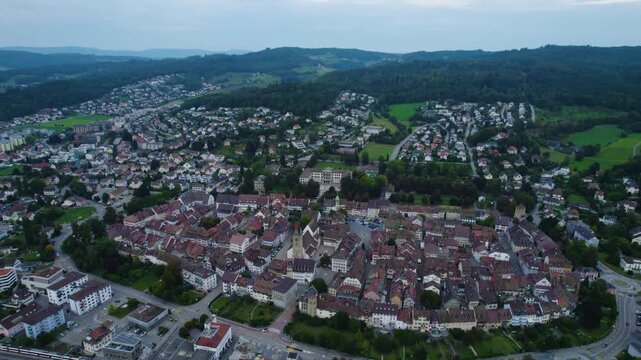 A panoramic Aerial view of the old town of the city Zofingen in Switzerland on a cloudy afternoon in summer
